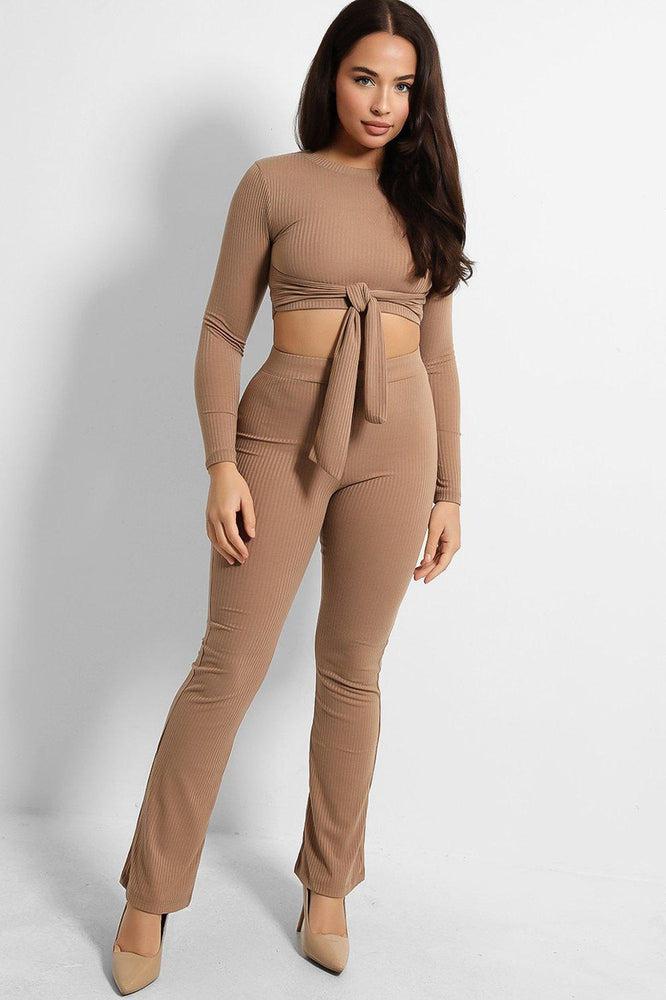 Ribbed Jersey Crop Tie Top And Trousers Set-SinglePrice