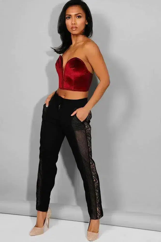 Black Crochet Lace Panels Cigarette Trousers-SinglePrice