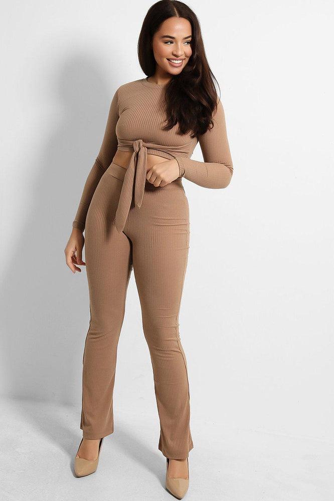 Ribbed Jersey Crop Tie Top And Trousers Set-SinglePrice
