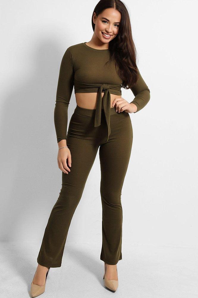 Ribbed Jersey Crop Tie Top And Trousers Set-SinglePrice