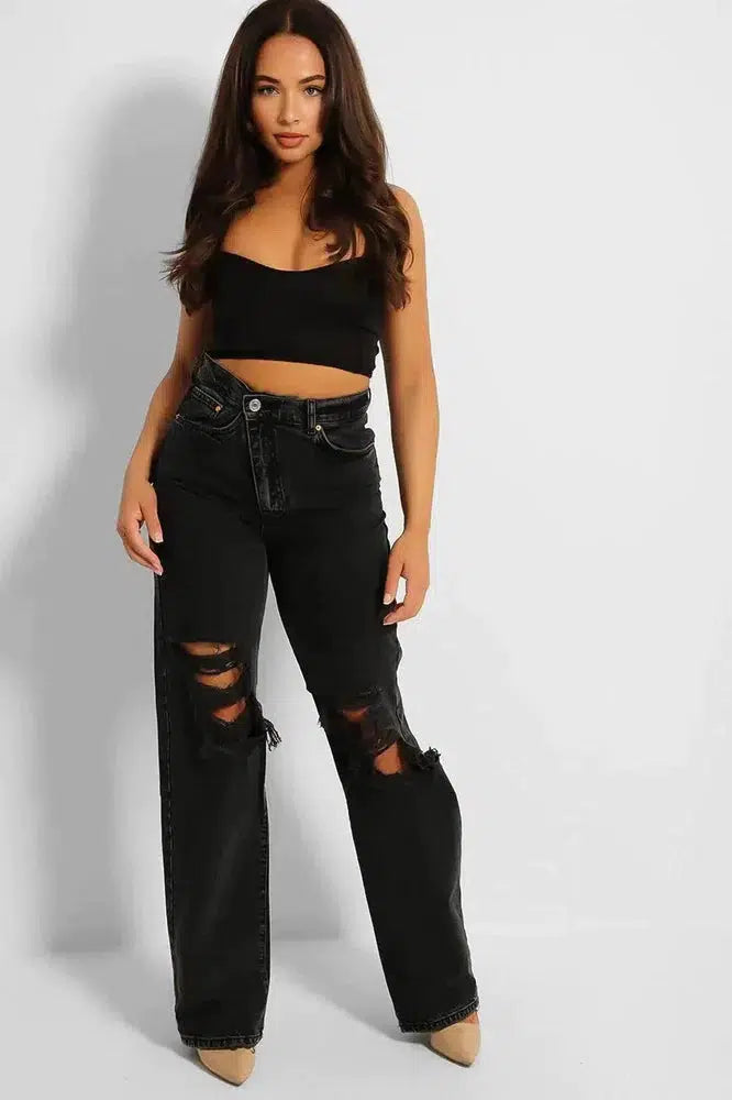 Charcoal Black Ripped Front Asymmetric Zip Wide Leg Jeans-SinglePrice