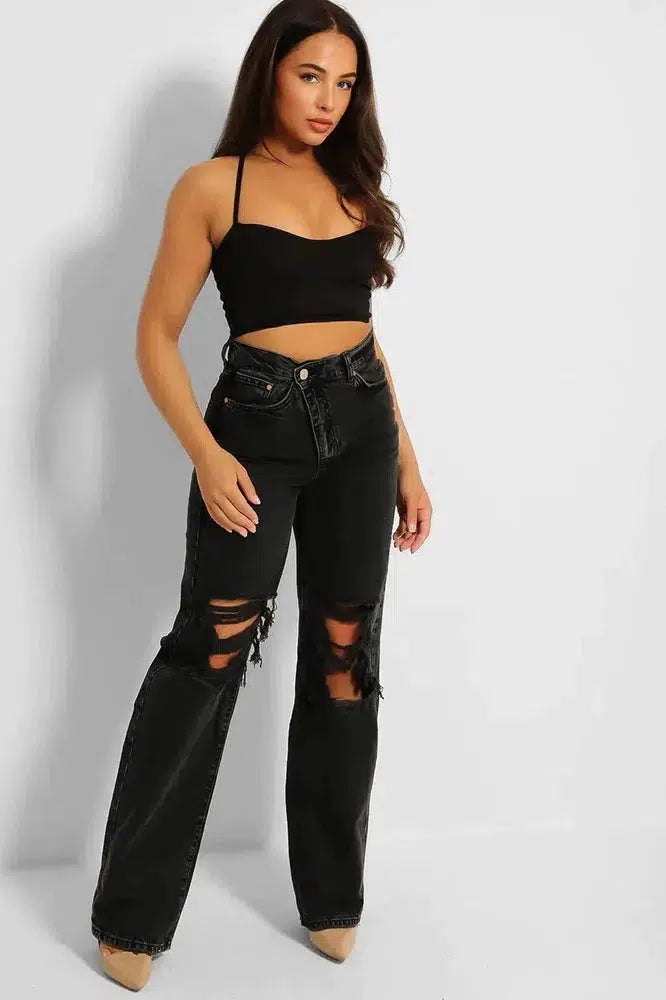 Charcoal Black Ripped Front Asymmetric Zip Wide Leg Jeans-SinglePrice