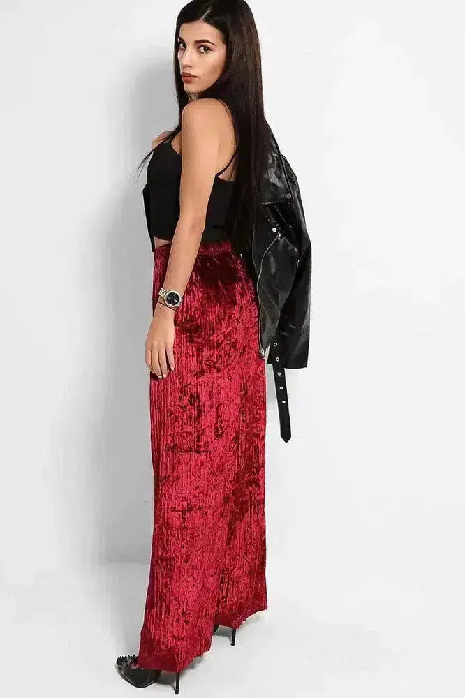 Wine Crushed Pleated Velvet Wide Leg Trousers-SinglePrice