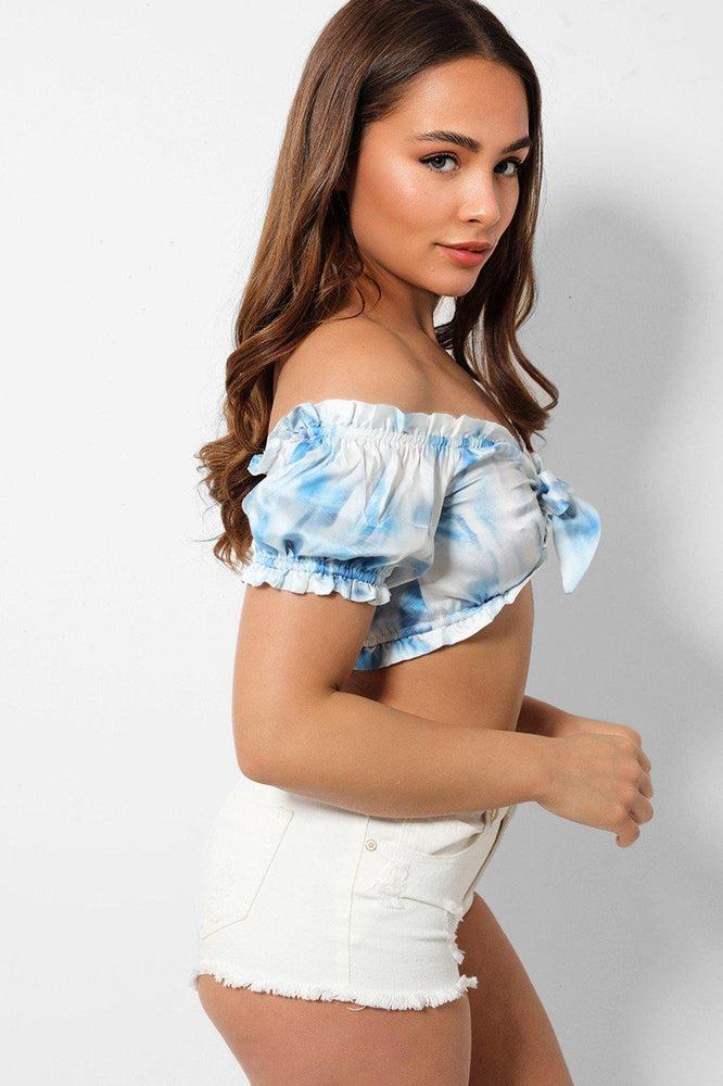 Blue White Tie-Dye Front Knot Bardot Crop Top-SinglePrice