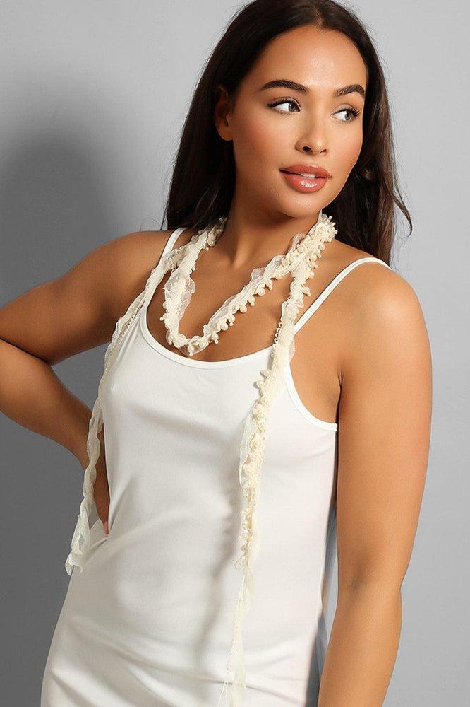 Cream Vintage/Boho Style Thin Lace And Pearls Scarf-SinglePrice