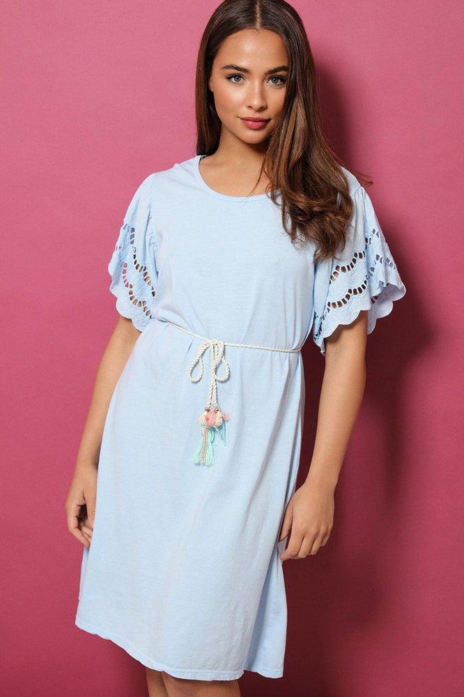 Blue Crochet Sleeves Rope Tie 100% Cotton Dress-SinglePrice