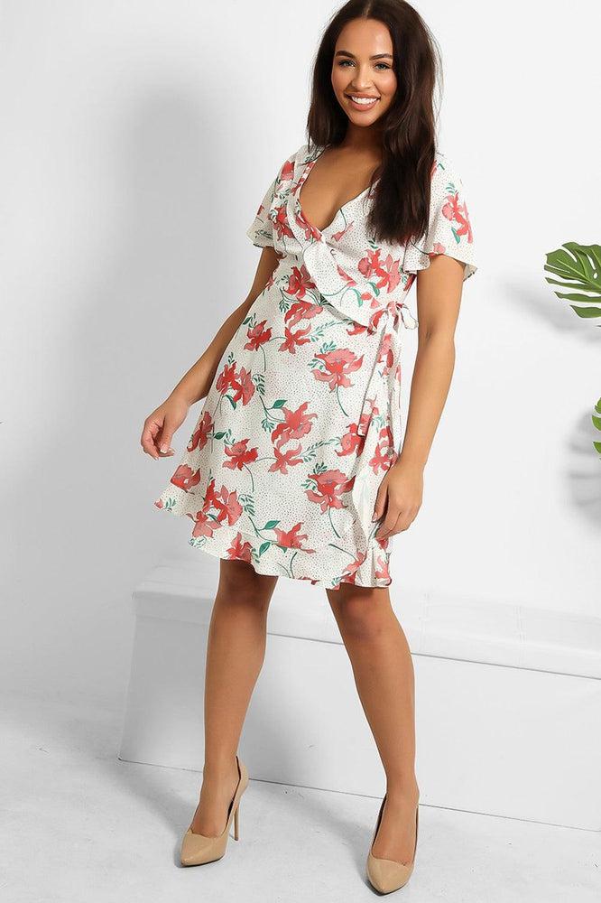 Red Floral Print Wrap Mini Dress-SinglePrice