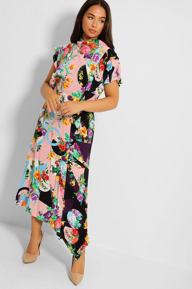 Multicolour High Neck Cowl Back Day Dress-SinglePrice
