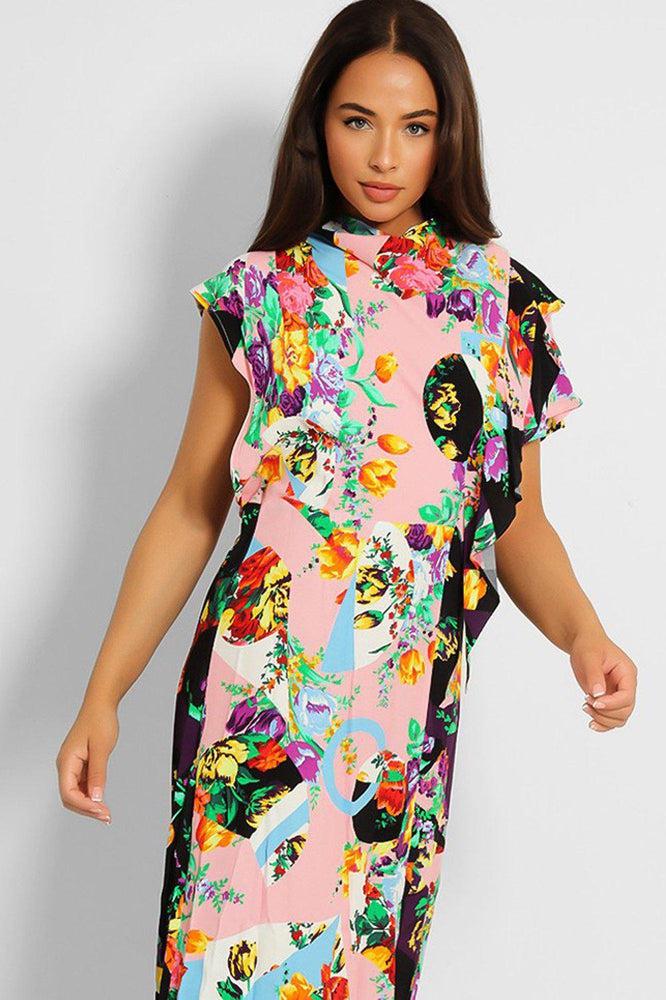Multicolour High Neck Cowl Back Day Dress-SinglePrice