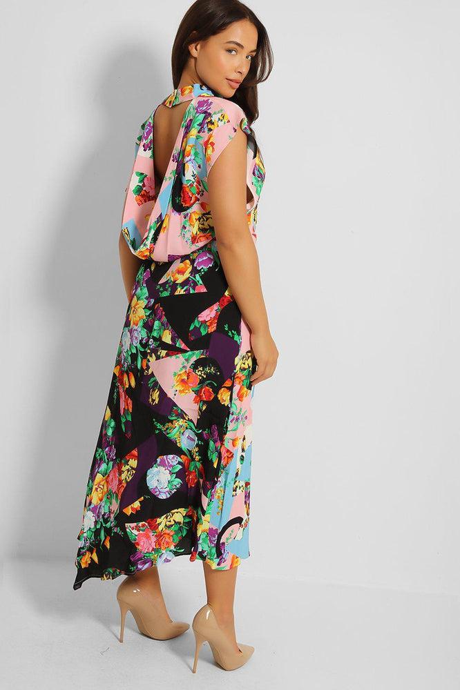 Multicolour High Neck Cowl Back Day Dress-SinglePrice