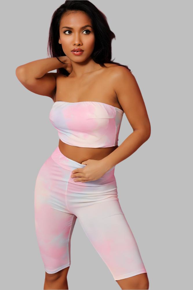 Pink Tie Dye Bandeau Crop Top And Cycling Shorts Set-SinglePrice