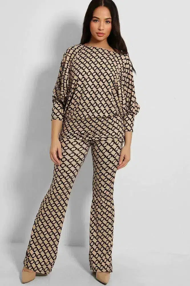 Geo Print Batwing Top And Trousers Slinky Set-SinglePrice