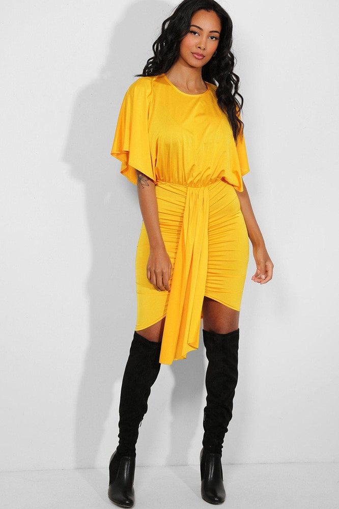 Bright Yellow Drape Detail Ruched Batwing Dress-SinglePrice