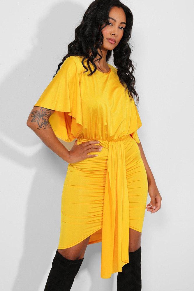 Bright Yellow Drape Detail Ruched Batwing Dress-SinglePrice