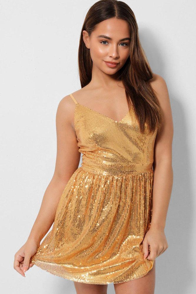 Gold V-Neck Sequined Cami Skater Dress-SinglePrice