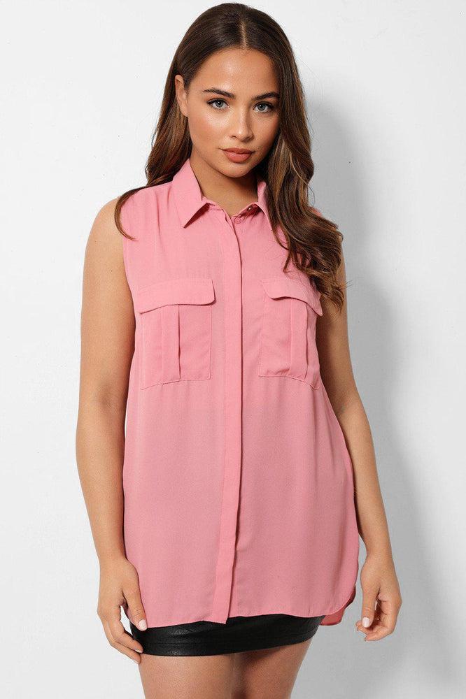 Pink Sleeveless Chest Pocket Shirt-SinglePrice