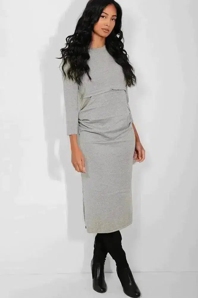 Maternity Grey Side Splits Flat Knit Maxi Dress-SinglePrice