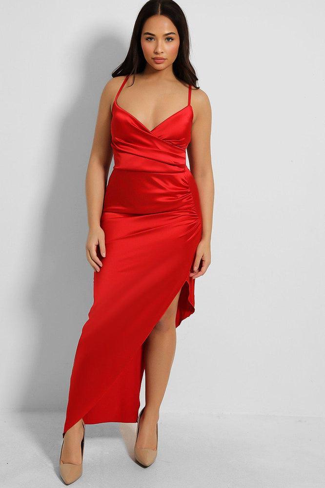 High Leg Split Strappy Satin Maxi Dress-SinglePrice