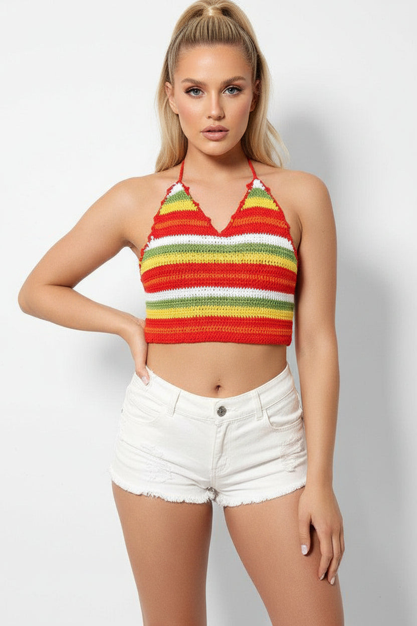 Multicolour Knitted Halter Neck Crop Top-SinglePrice