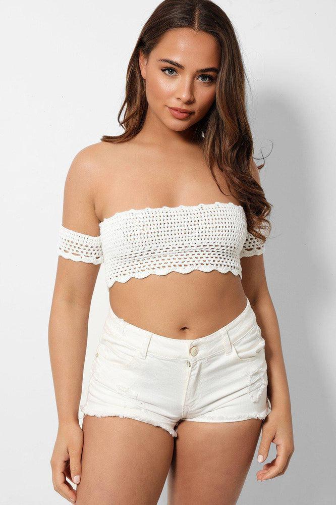 White Crochet Knit Bardot Crop Top-SinglePrice
