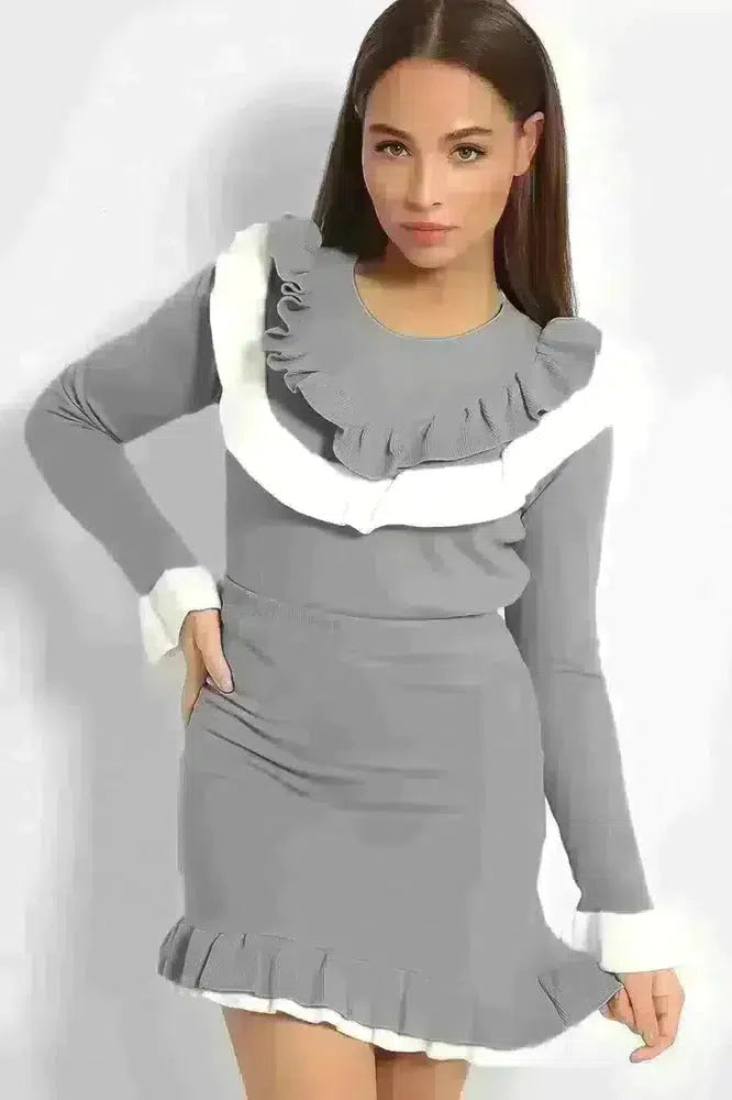 Grey Layered Contrast Frills Flat Knit Pullover And Skirt Set-SinglePrice