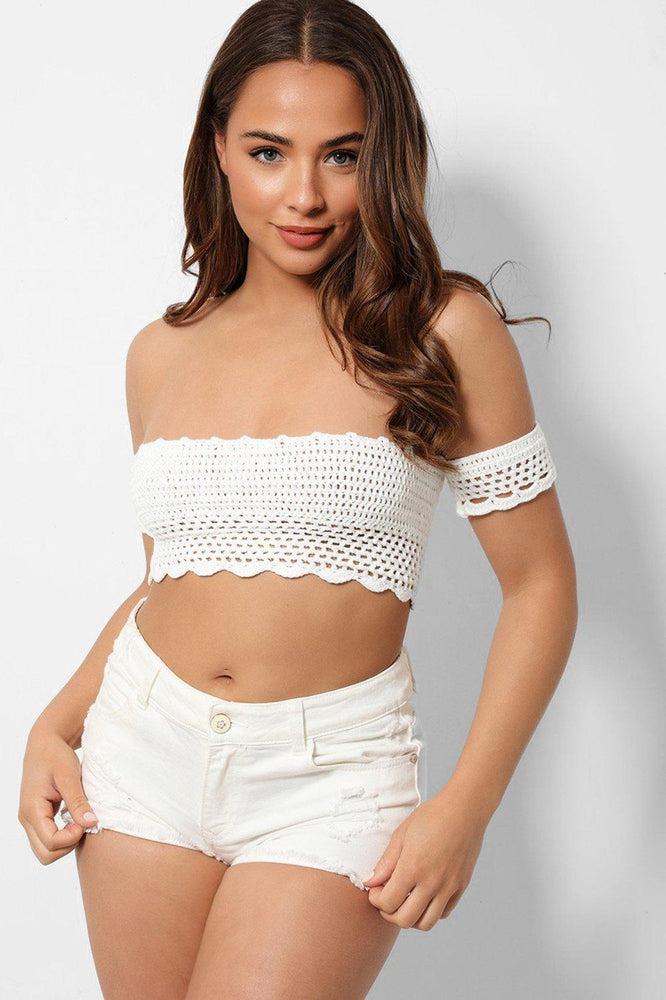 White Crochet Knit Bardot Crop Top-SinglePrice