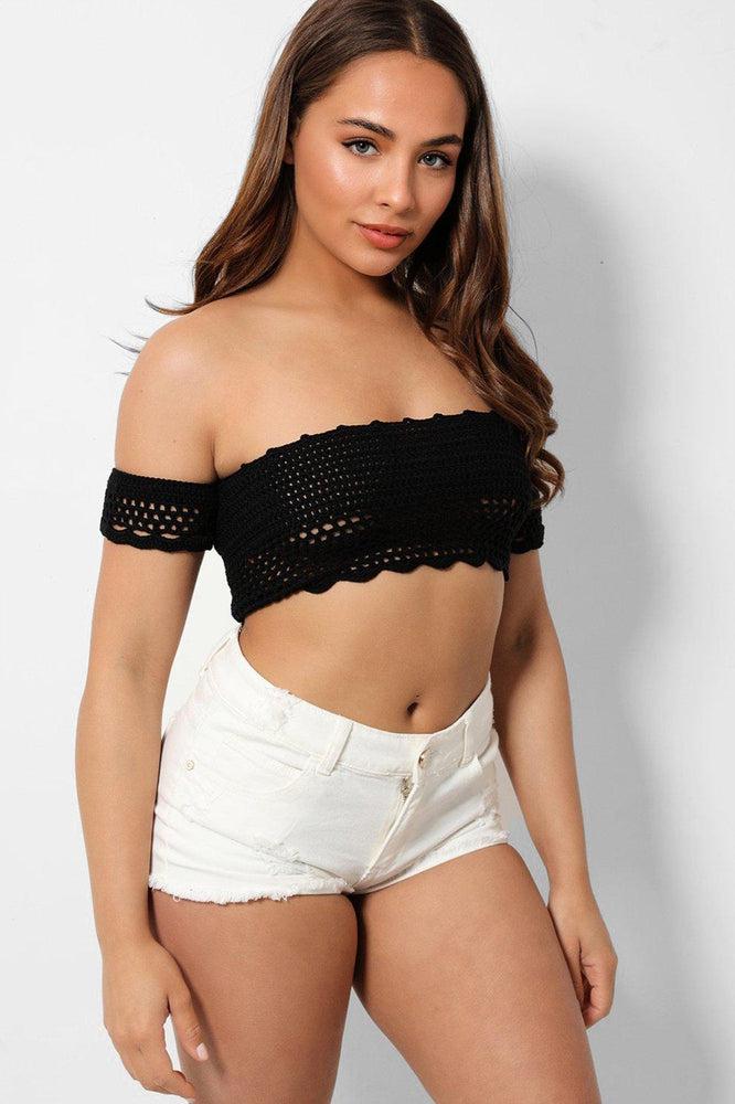 Black Crochet Knit Bardot Crop Top-SinglePrice