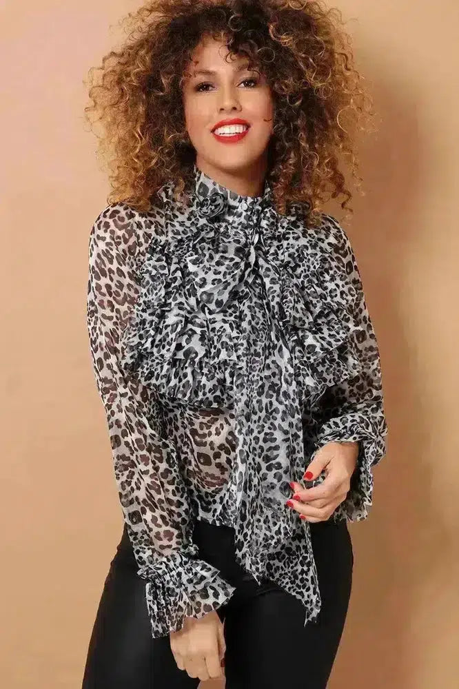 Grey Leopard Print Ruffled Pussy Bow Chiffon Shirt-SinglePrice