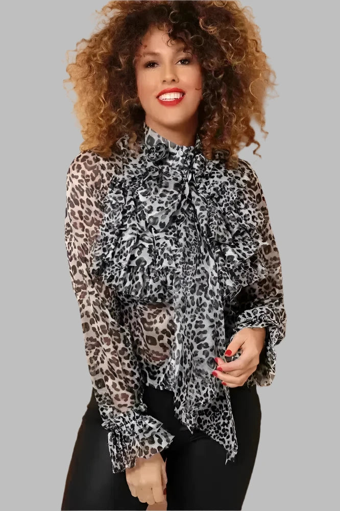 Grey Leopard Print Ruffled Pussy Bow Chiffon Shirt-SinglePrice