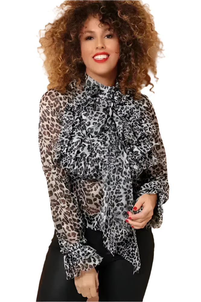 Grey Leopard Print Ruffled Pussy Bow Chiffon Shirt