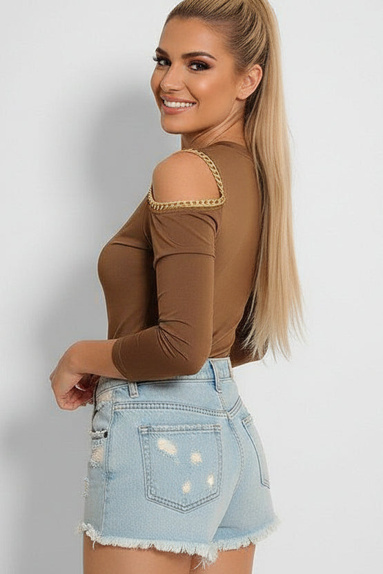 Chain Trim Cold Shoulder Slinky Top