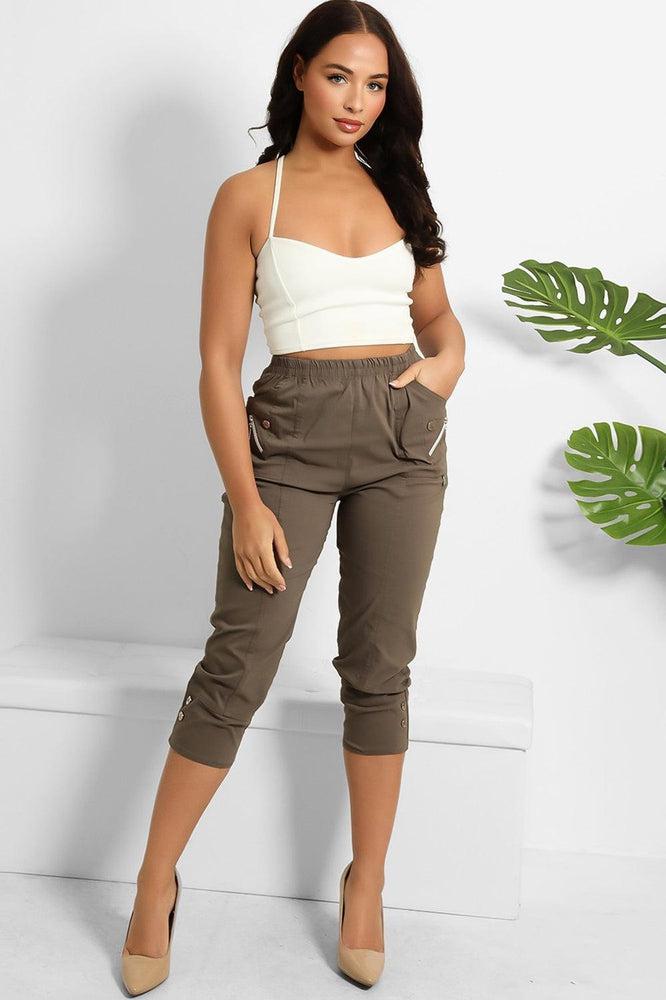 Buttoned Cuffs Elastic Waist Cropped Cargo Trousers-SinglePrice