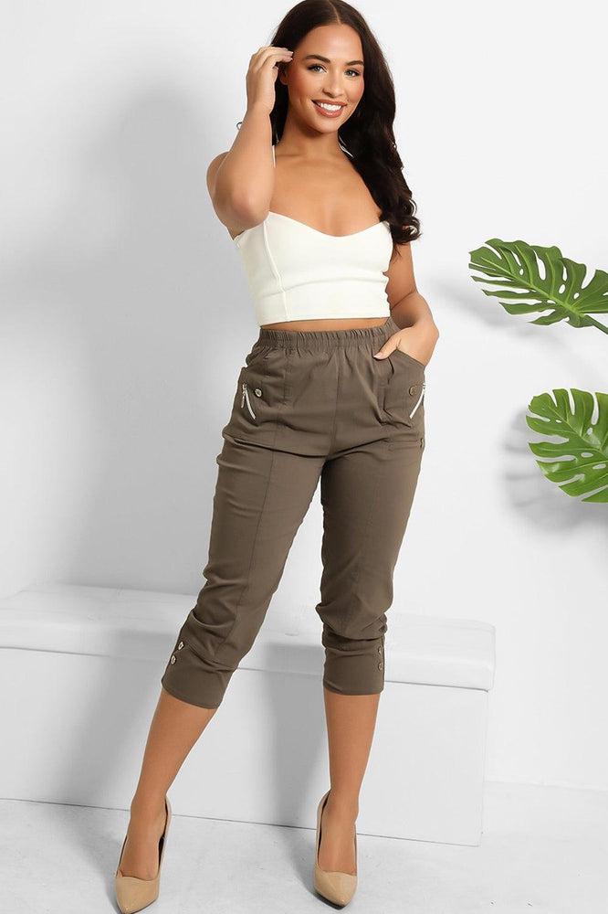 Buttoned Cuffs Elastic Waist Cropped Cargo Trousers-SinglePrice