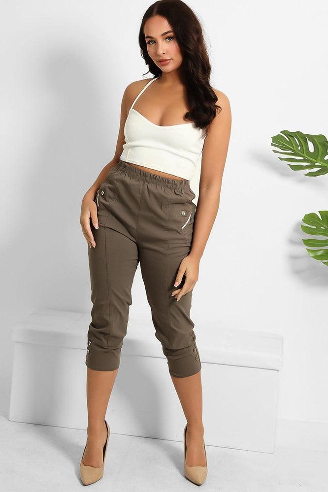 Buttoned Cuffs Elastic Waist Cropped Cargo Trousers-SinglePrice