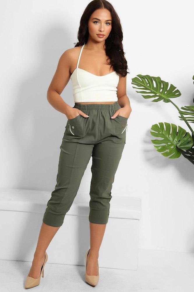 Buttoned Cuffs Elastic Waist Cropped Cargo Trousers-SinglePrice