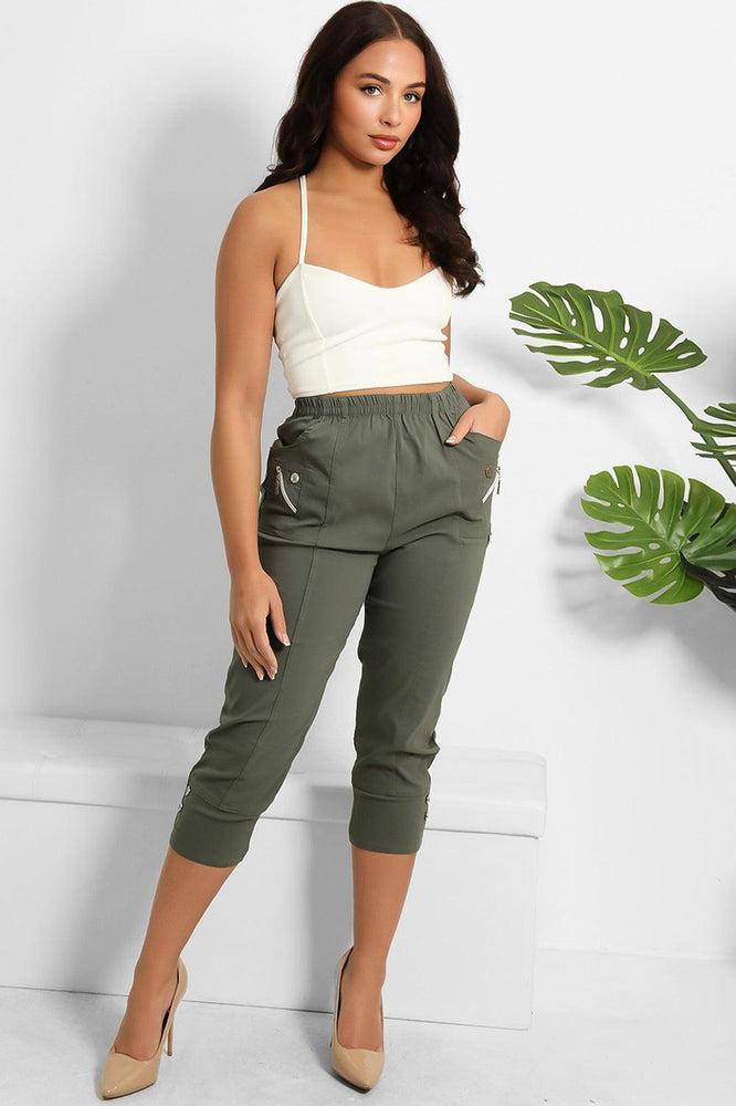 Buttoned Cuffs Elastic Waist Cropped Cargo Trousers-SinglePrice