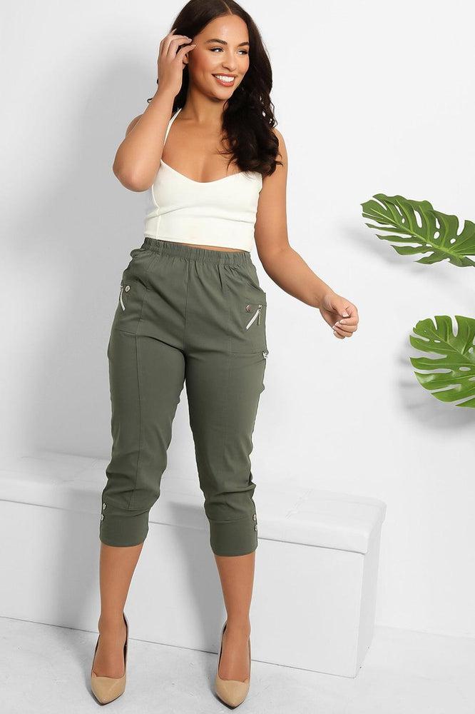 Buttoned Cuffs Elastic Waist Cropped Cargo Trousers-SinglePrice