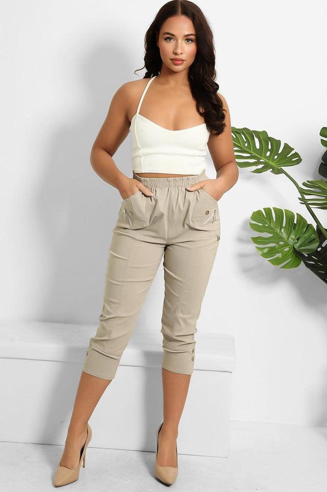 Buttoned Cuffs Elastic Waist Cropped Cargo Trousers-SinglePrice