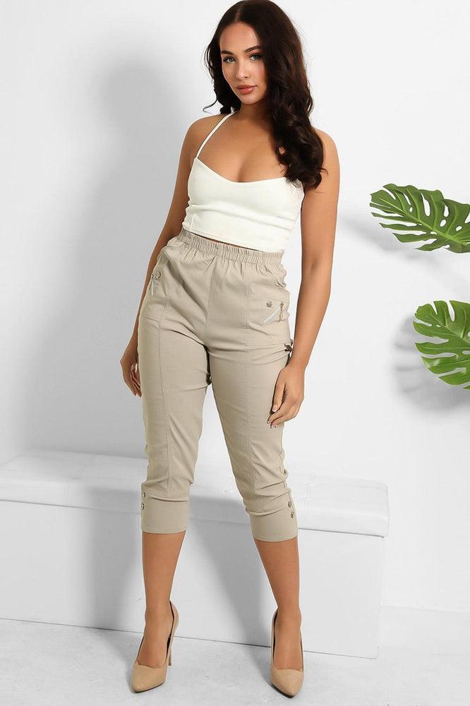 Buttoned Cuffs Elastic Waist Cropped Cargo Trousers-SinglePrice