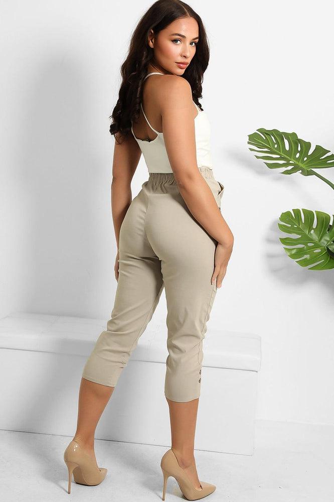 Buttoned Cuffs Elastic Waist Cropped Cargo Trousers-SinglePrice