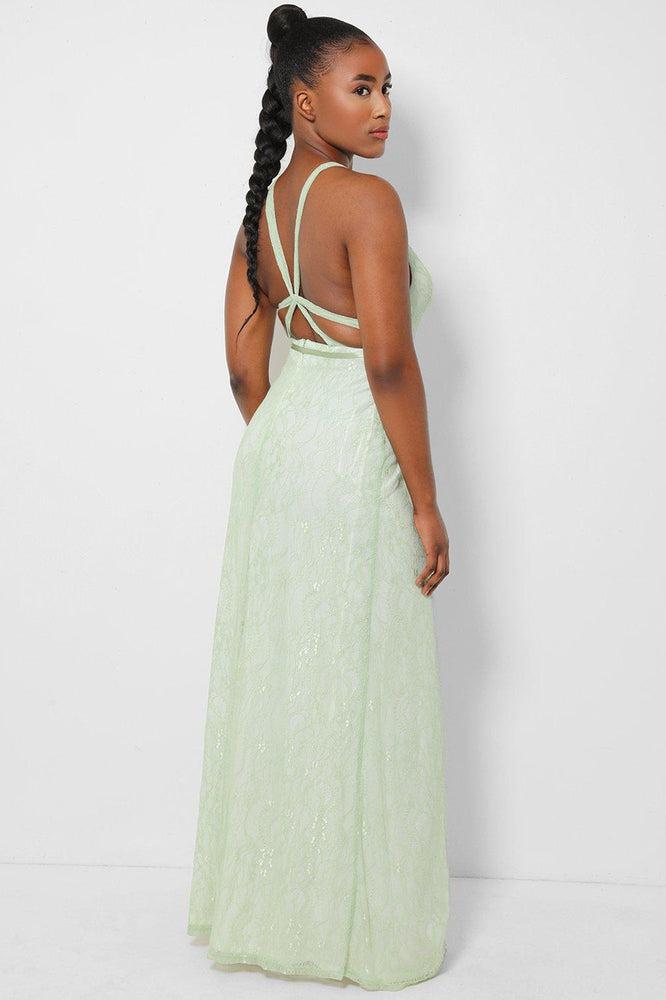 Green Delicate Lace Overlay Wrap Front Maxi Dress-SinglePrice