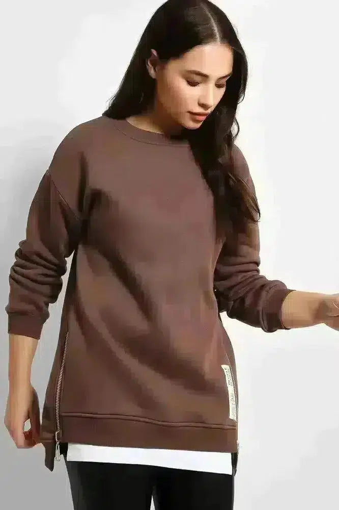 Shirt Hem Zip Sides Sweatshirt-SinglePrice