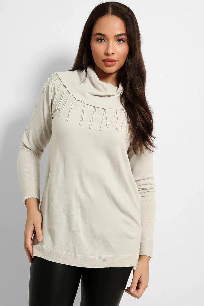 Lurex Fringe Cowl Neck Pullover-SinglePrice