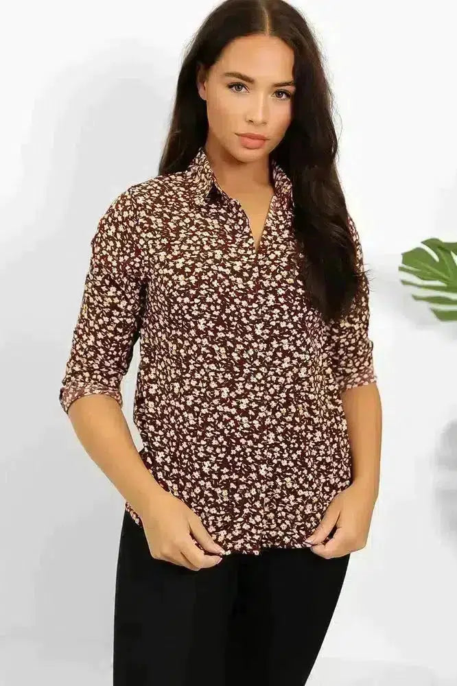 Burgundy Floral Print Classic Shirt-SinglePrice