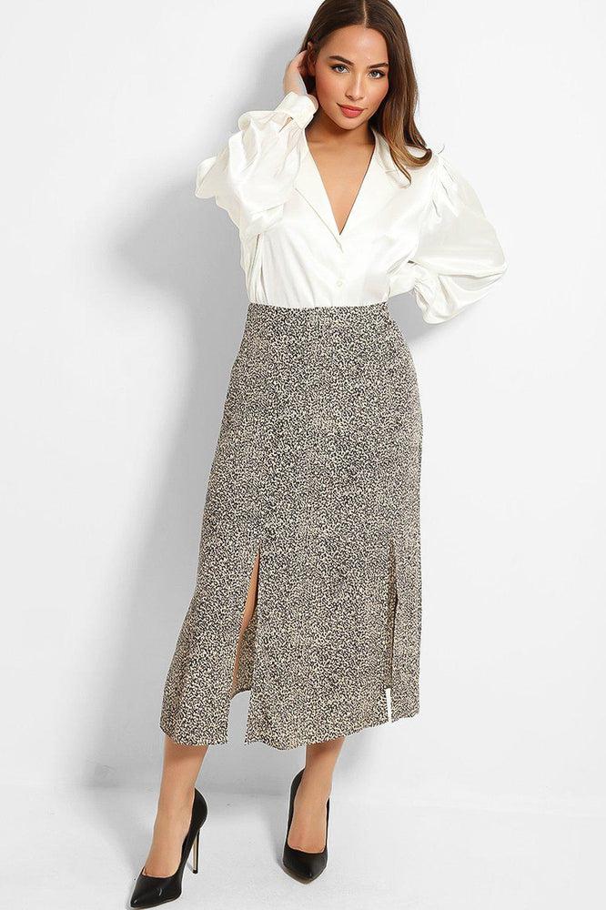 Beige Black Speckled Print Twin Front Split Skirt-SinglePrice