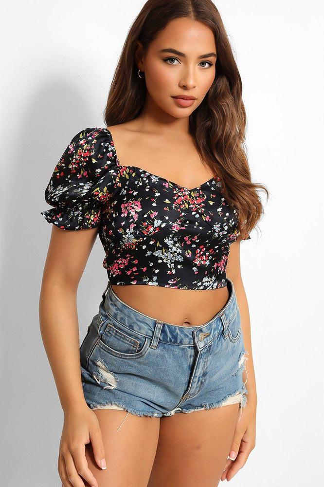 Navy Satin Floral Finish Shirred Crop Top-SinglePrice