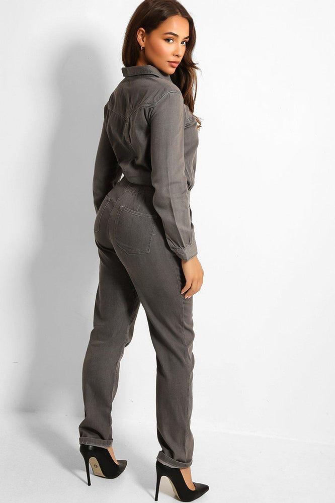 Grey Studded Fine Denim Dungaree Jumpsuit-SinglePrice