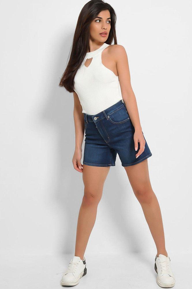 Dark Blue Denim Mid Thigh Shorts-SinglePrice