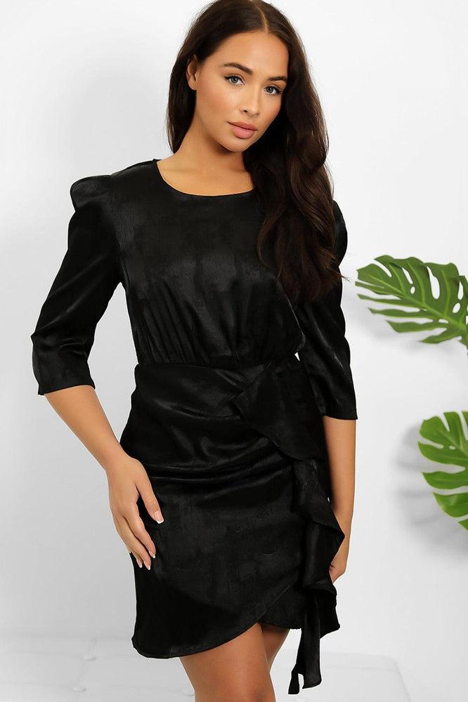 Puff Shoulder And Frill Detail Satin Dress-SinglePrice