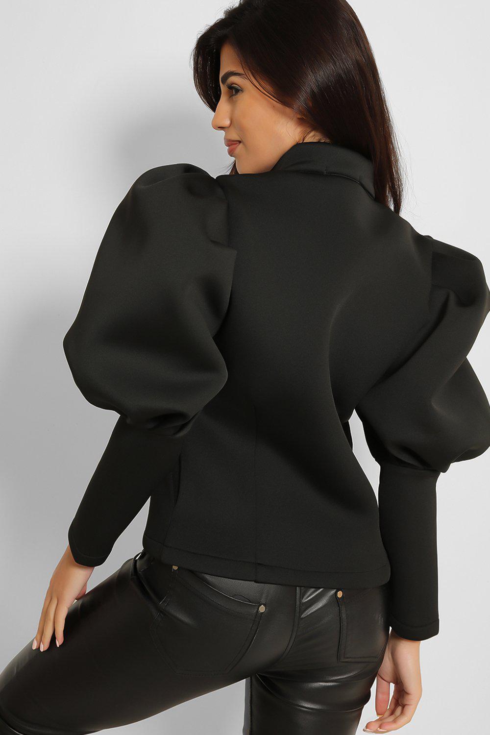 Black Scuba Puff Shoulder Zip Jacket-SinglePrice